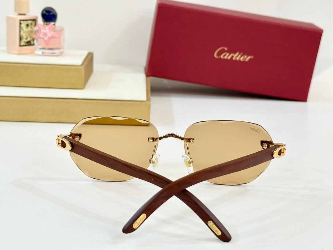 CARTIER RIMLESS GEOMETRIC FRAME SUNGLASSES 547386 IN METAL AND WOODEN