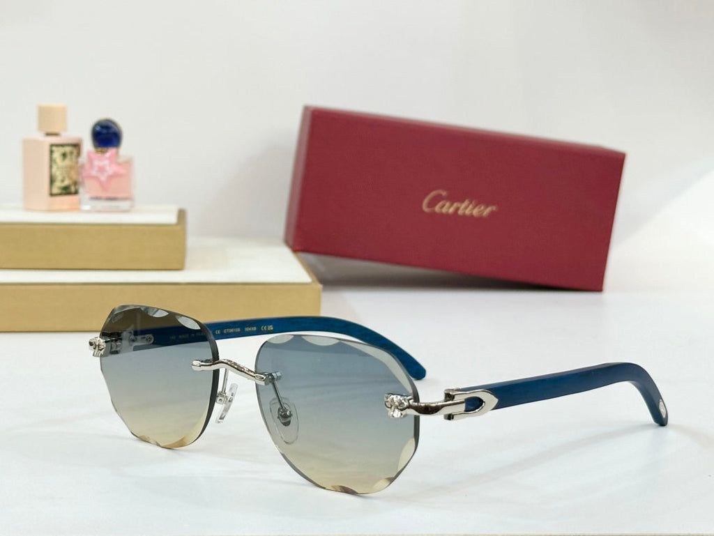 CARTIER RIMLESS GEOMETRIC FRAME SUNGLASSES 547386 IN METAL AND WOODEN