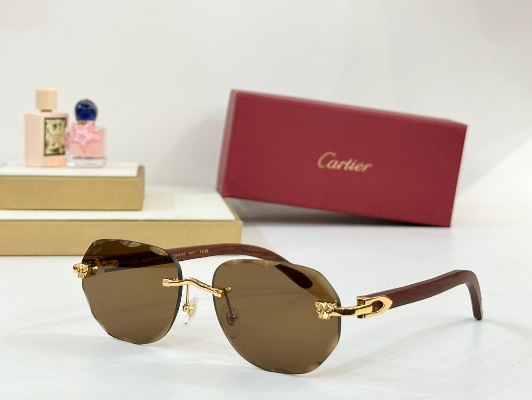 CARTIER RIMLESS GEOMETRIC FRAME SUNGLASSES 547386 IN METAL AND WOODEN