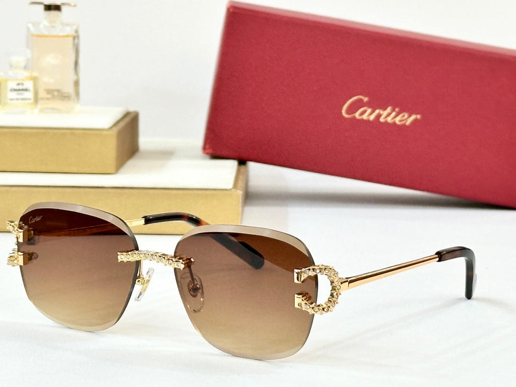 CARTIER CRYSTAL STUDDED RIMLESS SQUARE FRAME SUNGLASSES CT0604S IN METAL