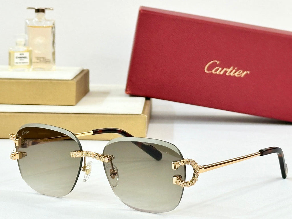 CARTIER CRYSTAL STUDDED RIMLESS SQUARE FRAME SUNGLASSES CT0604S IN METAL