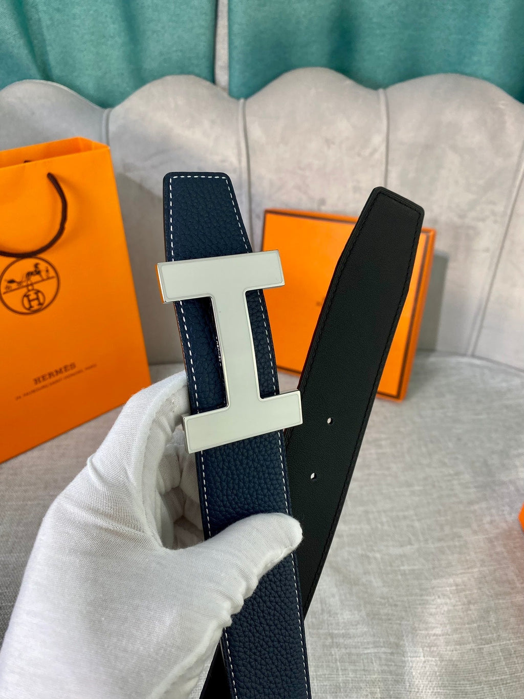 HERMES CONSTANCE BELT BUCKLE & REVERSIBLE NAVY BLUE LEATHER STRAP 38MM SILVER HARDWARE