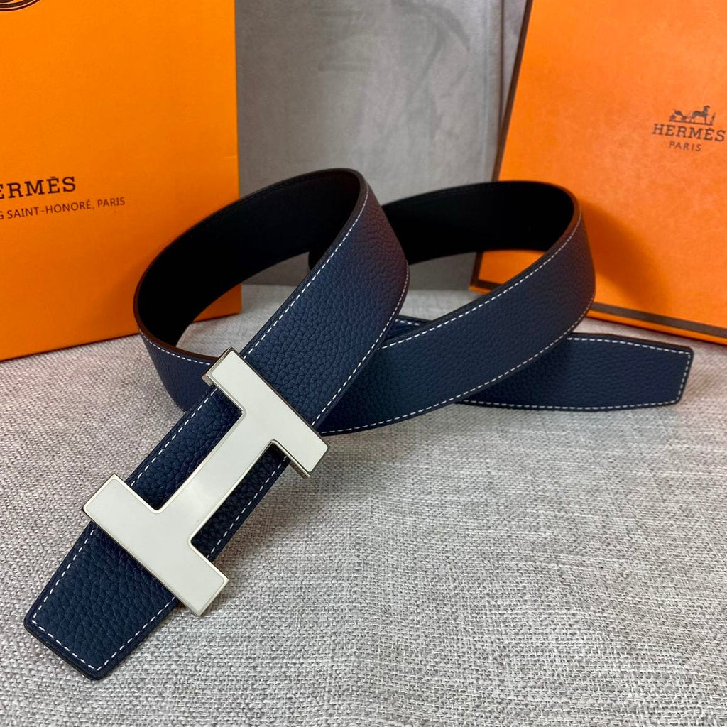 HERMES CONSTANCE BELT BUCKLE & REVERSIBLE NAVY BLUE LEATHER STRAP 38MM SILVER HARDWARE