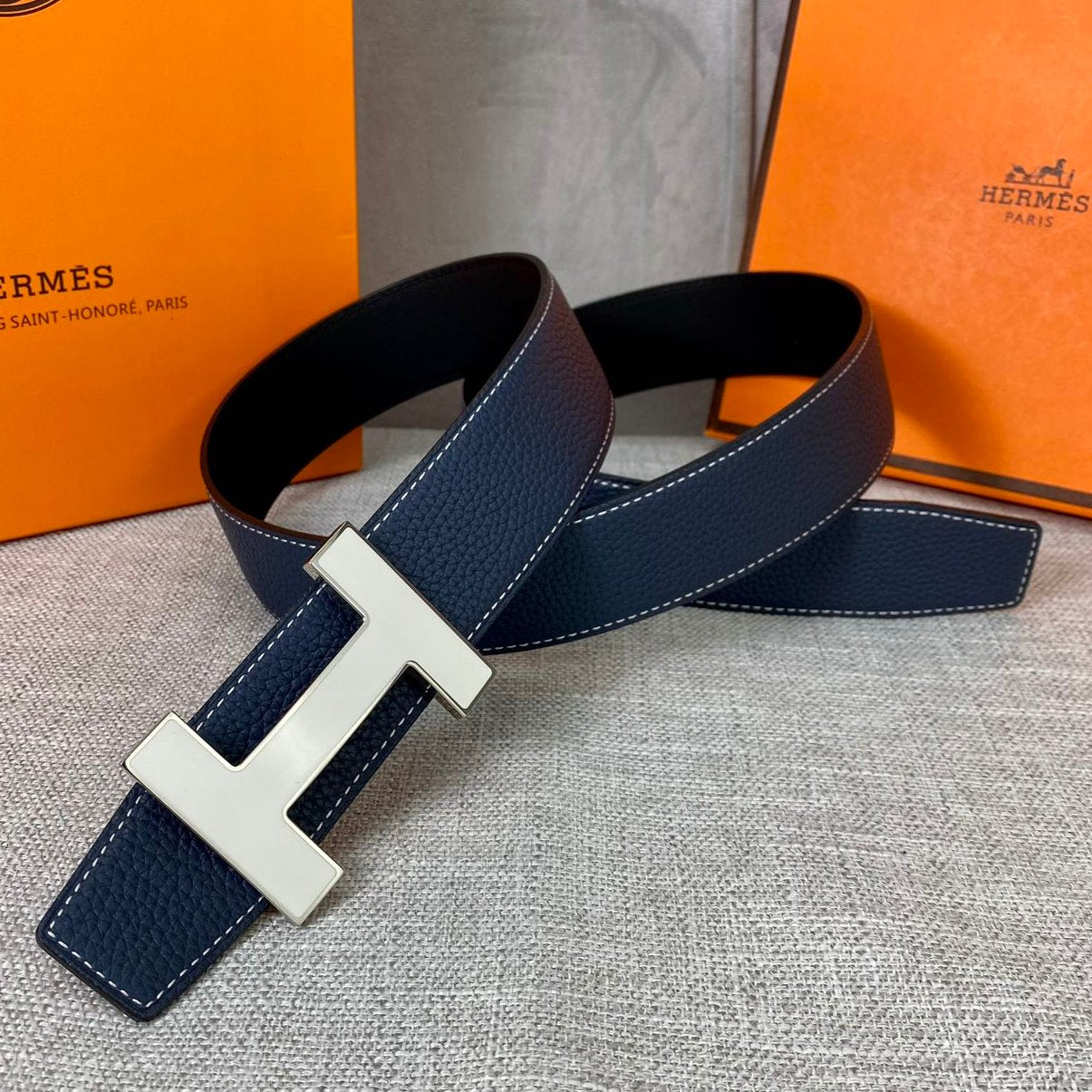 HERMES CONSTANCE BELT BUCKLE & REVERSIBLE NAVY BLUE LEATHER STRAP 38MM SILVER HARDWARE