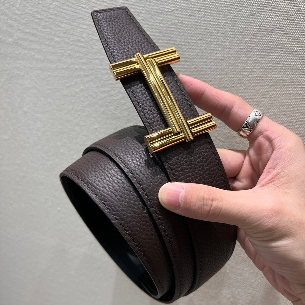 HERMES TRAVERSE BELT BUCKLE & REVERSIBLE CHOCOLATE BROWN AND BLACK LEATHER STRAP 38 MM GOLD HARDWARE