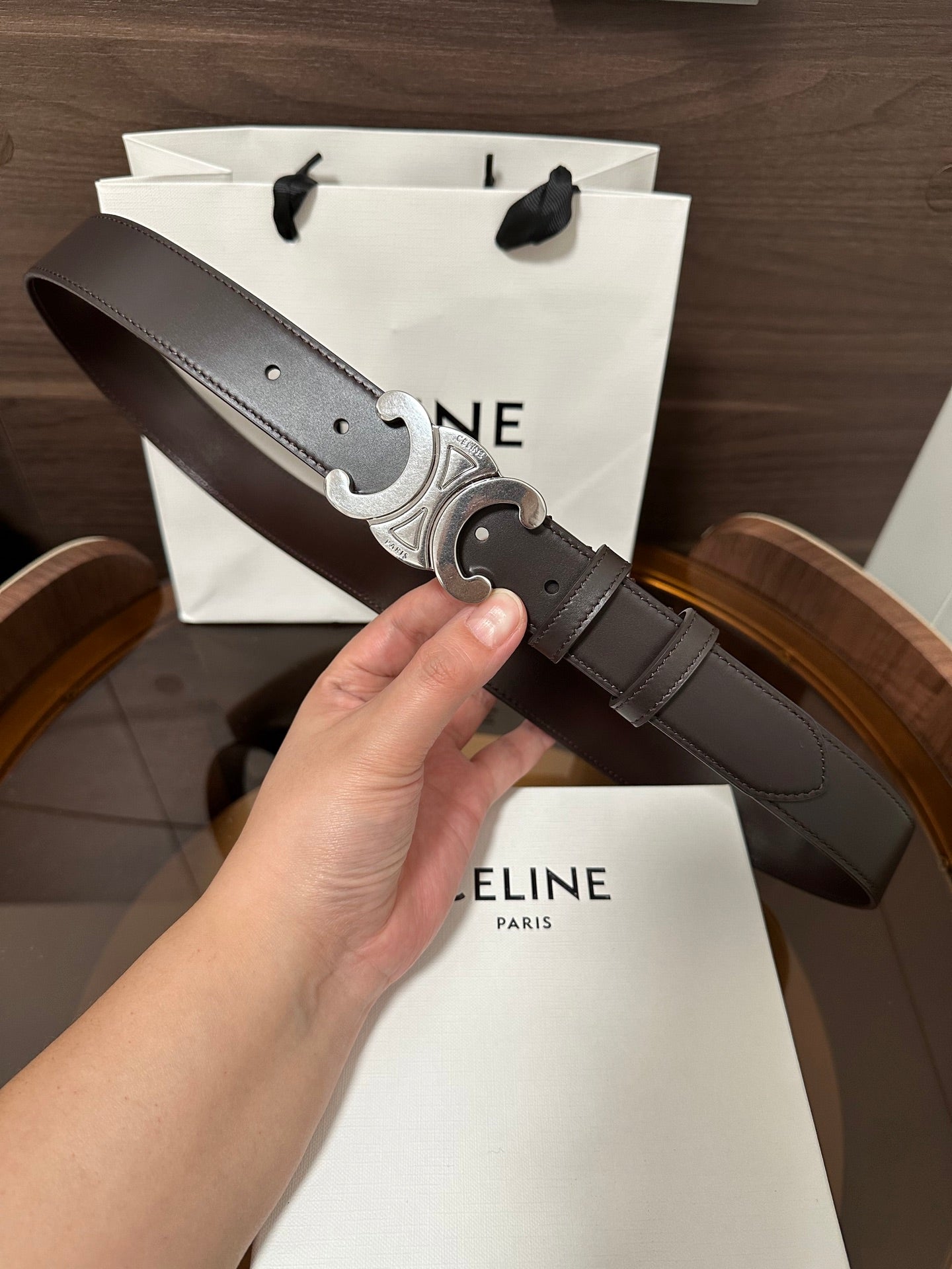 CELINE TRIOMPHE BELT 30MM IN DARK BROWN CALFSKIN WITH SILVER BUCKLE
