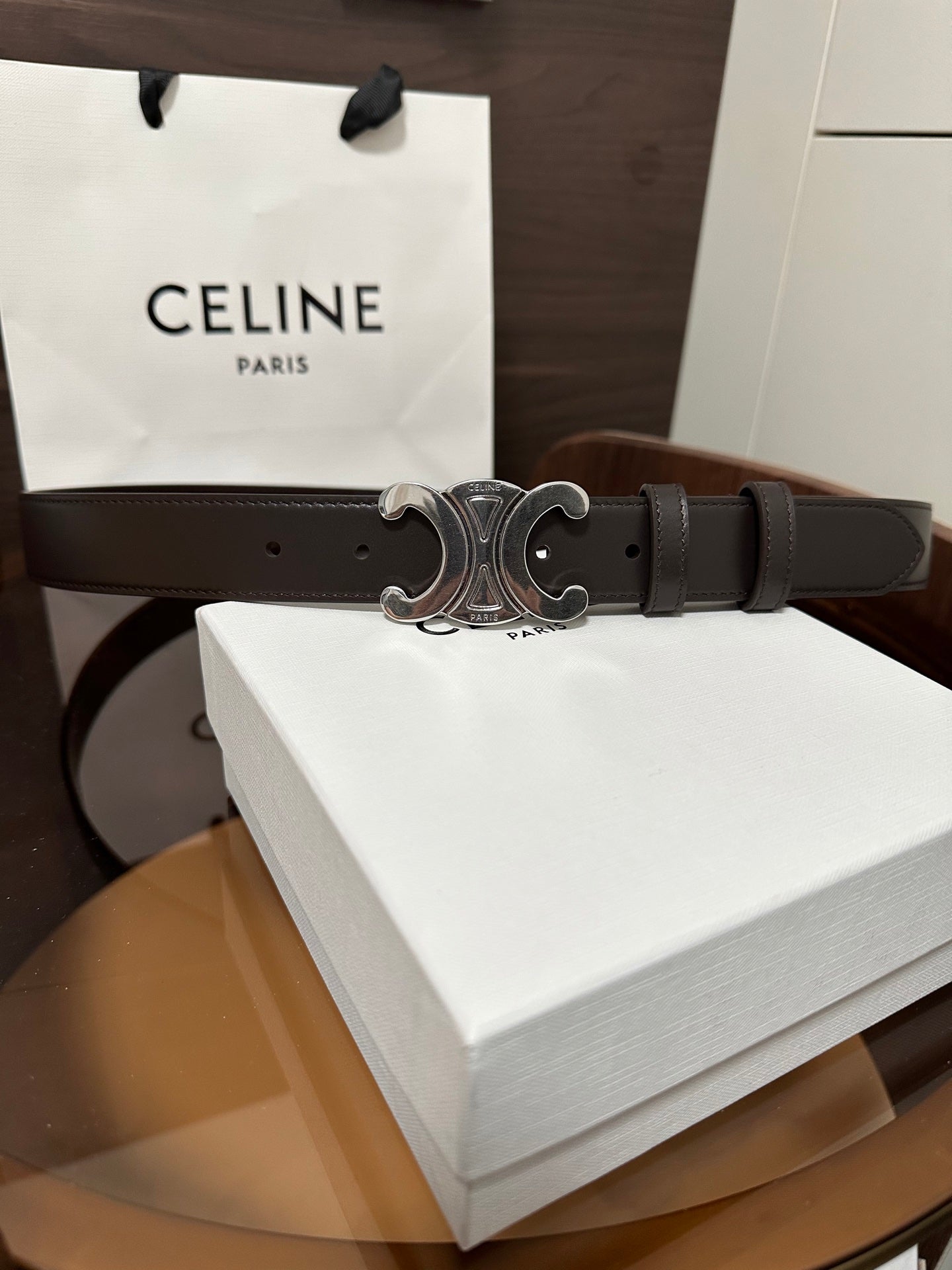 CELINE TRIOMPHE BELT 30MM IN DARK BROWN CALFSKIN WITH SILVER BUCKLE