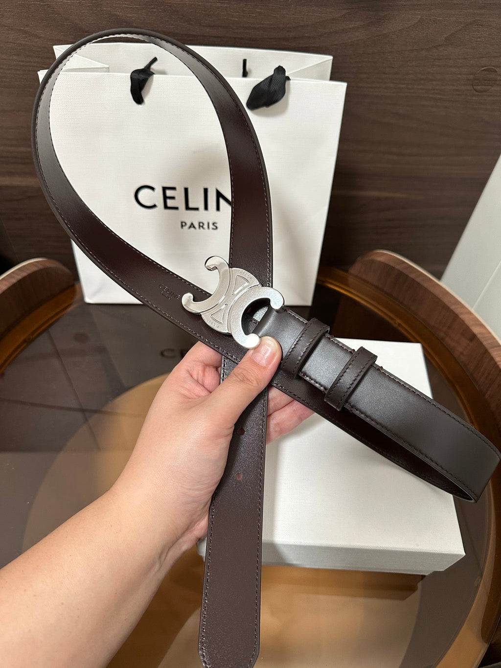 CELINE TRIOMPHE BELT 30MM IN DARK BROWN CALFSKIN WITH SILVER BUCKLE