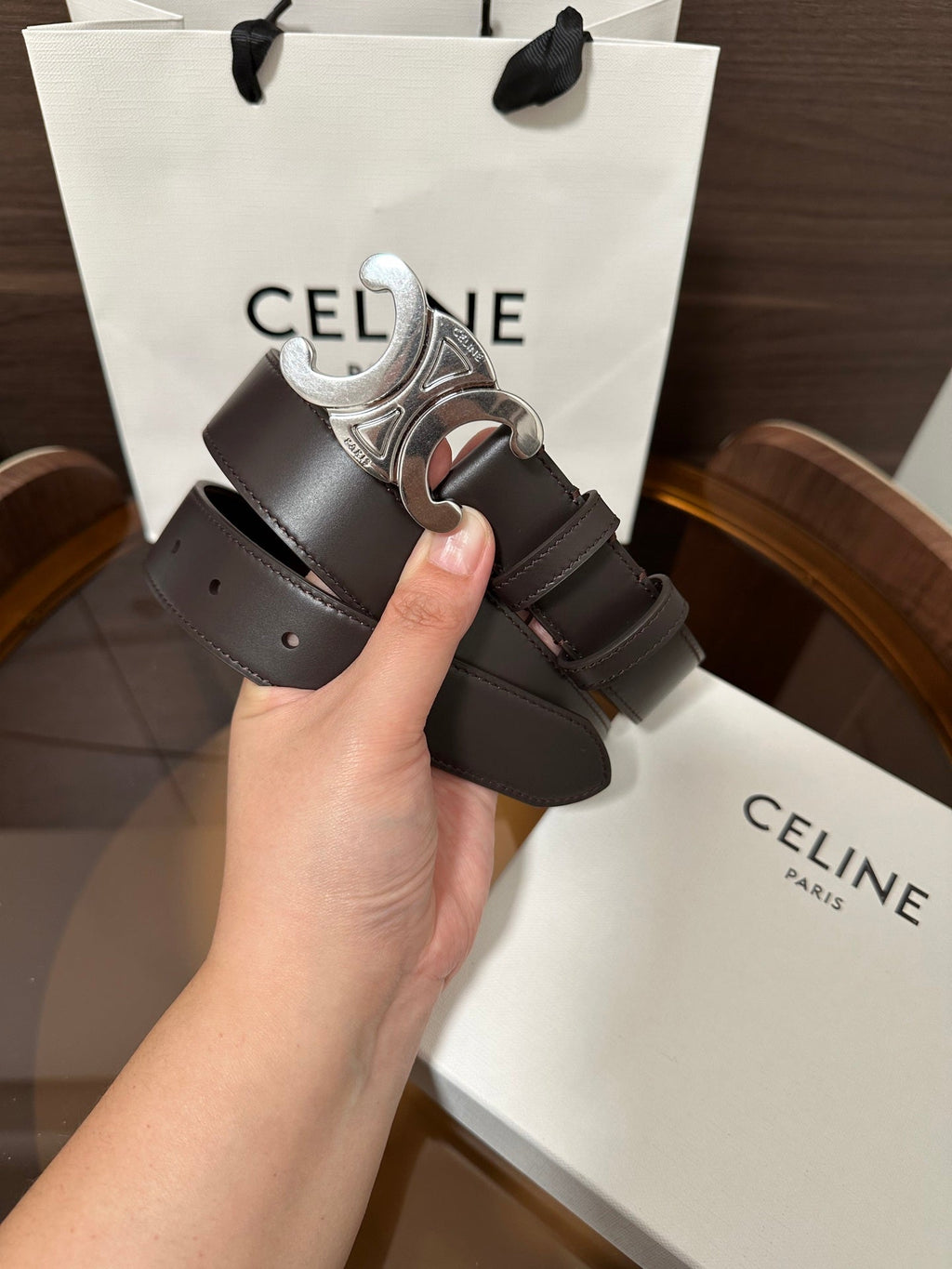 CELINE TRIOMPHE BELT 30MM IN DARK BROWN CALFSKIN WITH SILVER BUCKLE