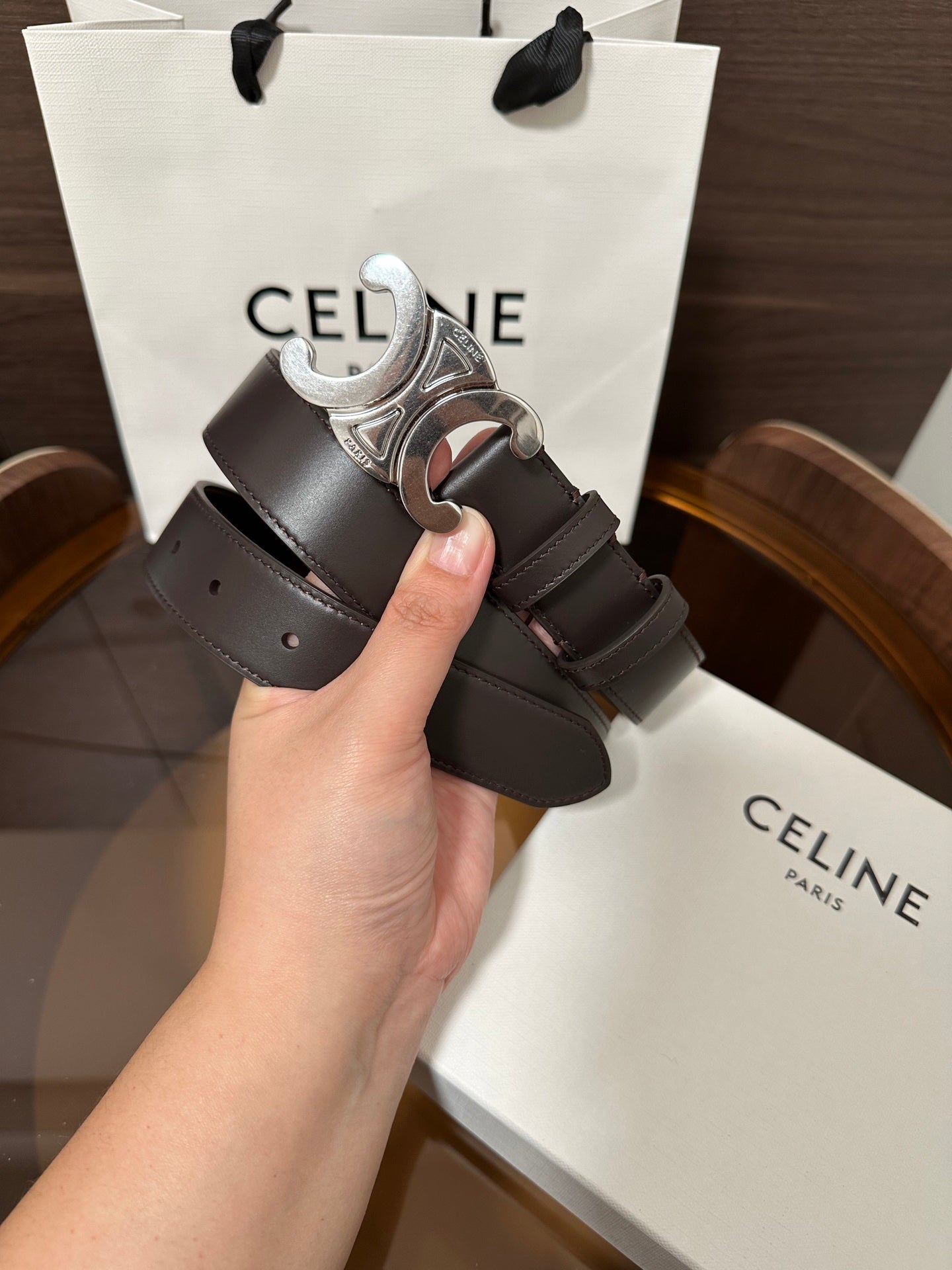 CELINE TRIOMPHE BELT 30MM IN DARK BROWN CALFSKIN WITH SILVER BUCKLE