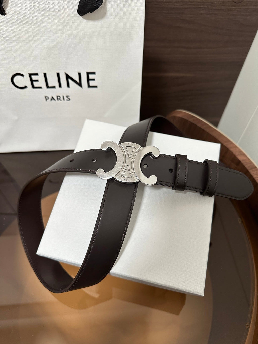 CELINE TRIOMPHE BELT 30MM IN DARK BROWN CALFSKIN WITH SILVER BUCKLE