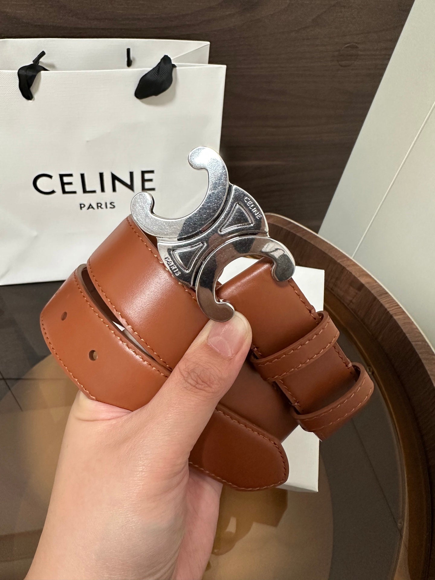 CELINE TRIOMPHE BELT 30MM IN BROWN CALFSKIN WITH SILVER BUCKLE