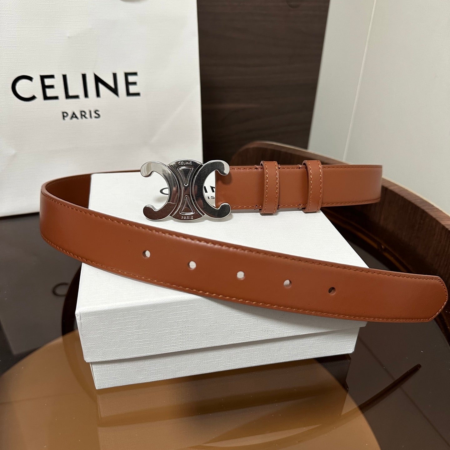 CELINE TRIOMPHE BELT 30MM IN BROWN CALFSKIN WITH SILVER BUCKLE