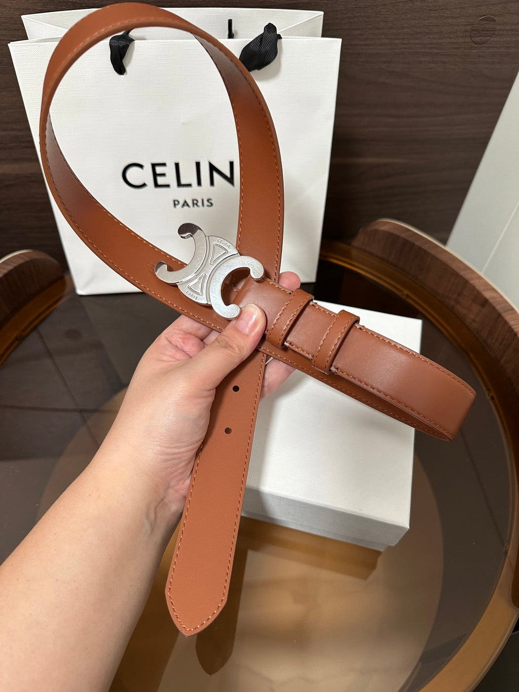 CELINE TRIOMPHE BELT 30MM IN BROWN CALFSKIN WITH SILVER BUCKLE