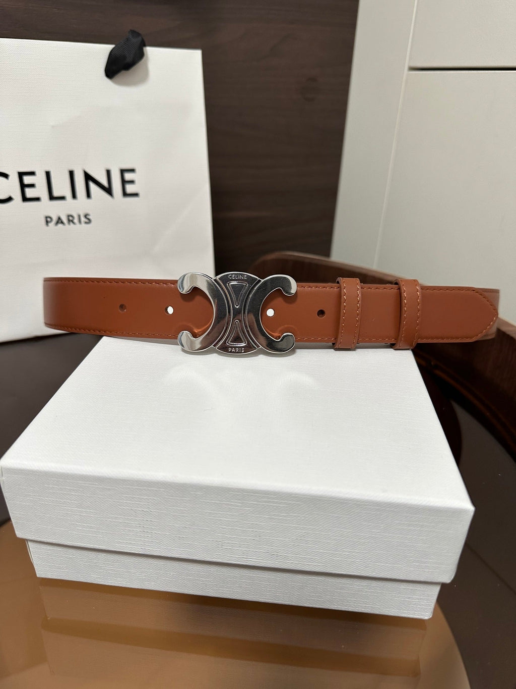 CELINE TRIOMPHE BELT 30MM IN BROWN CALFSKIN WITH SILVER BUCKLE