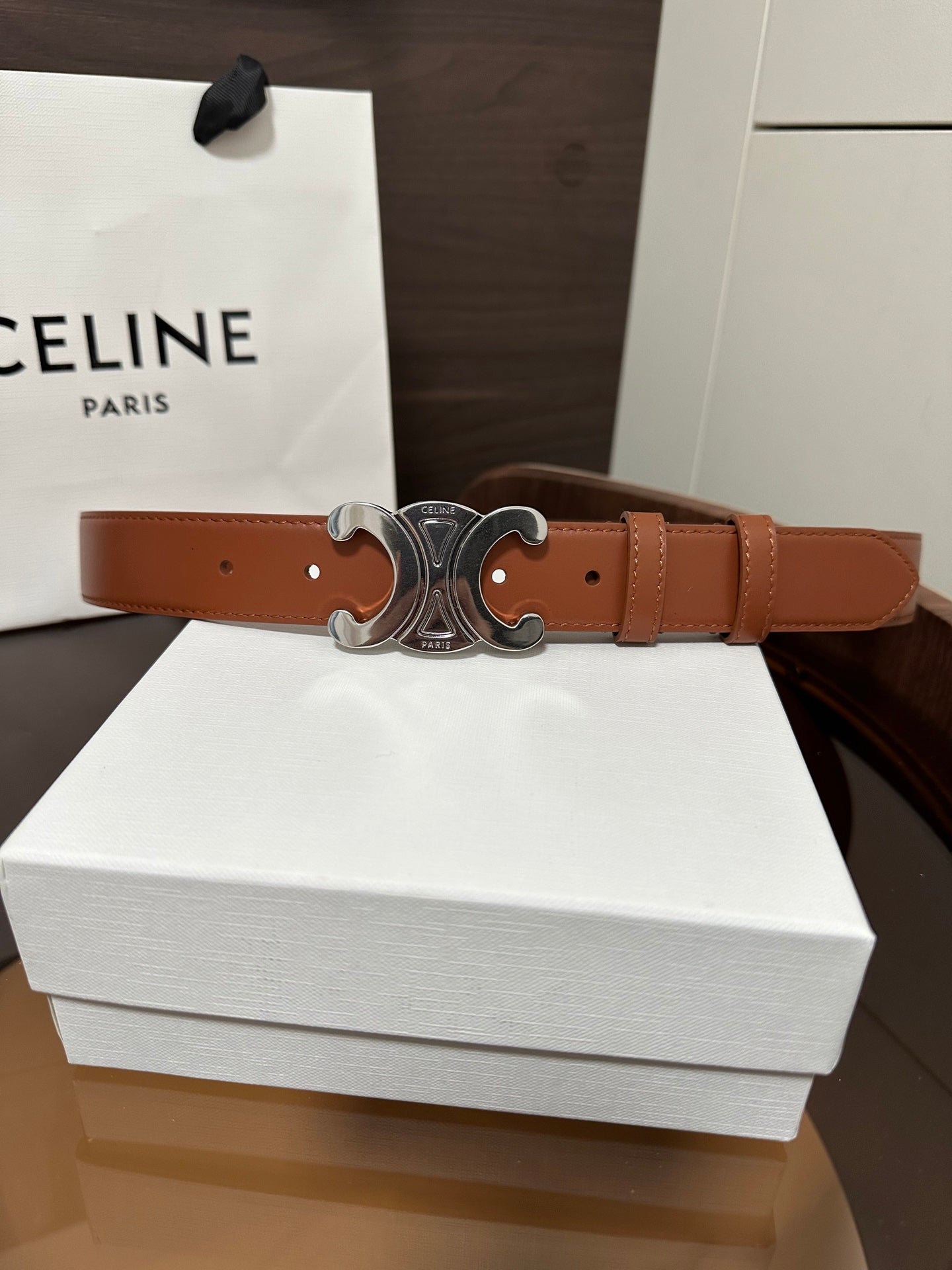 CELINE TRIOMPHE BELT 30MM IN BROWN CALFSKIN WITH SILVER BUCKLE