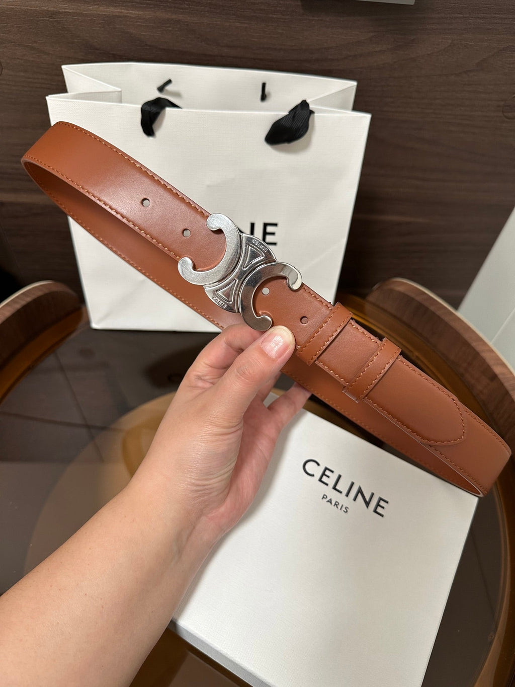 CELINE TRIOMPHE BELT 30MM IN BROWN CALFSKIN WITH SILVER BUCKLE