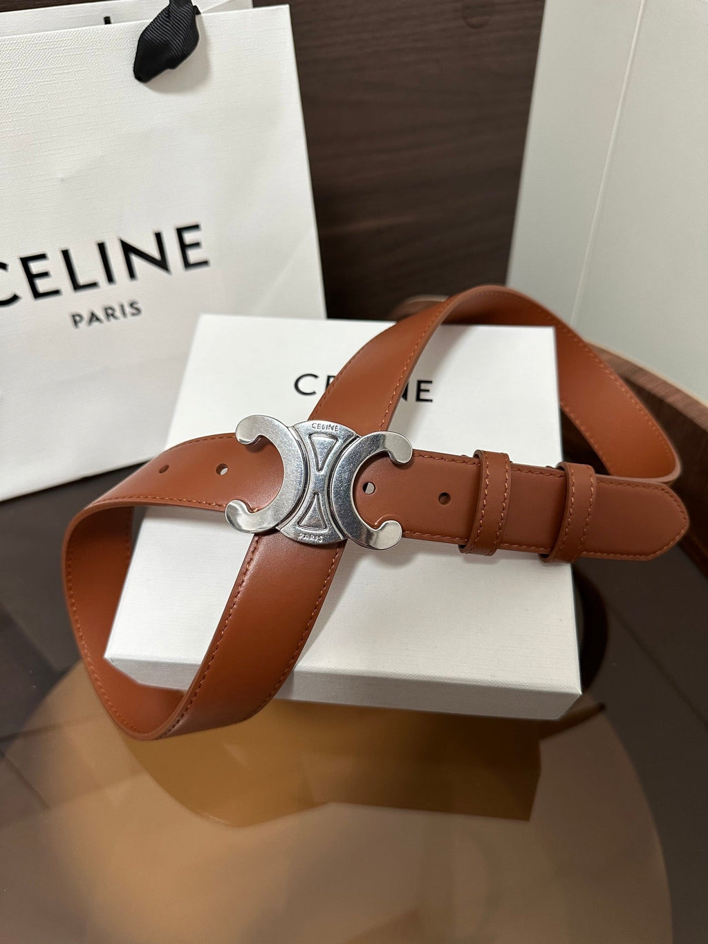 CELINE TRIOMPHE BELT 30MM IN BROWN CALFSKIN WITH SILVER BUCKLE