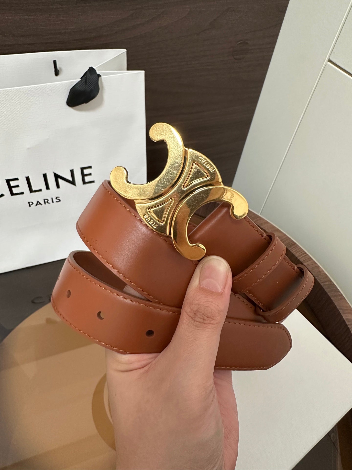 CELINE TRIOMPHE BELT 30MM IN BROWN CALFSKIN WITH GOLD BUCKLE
