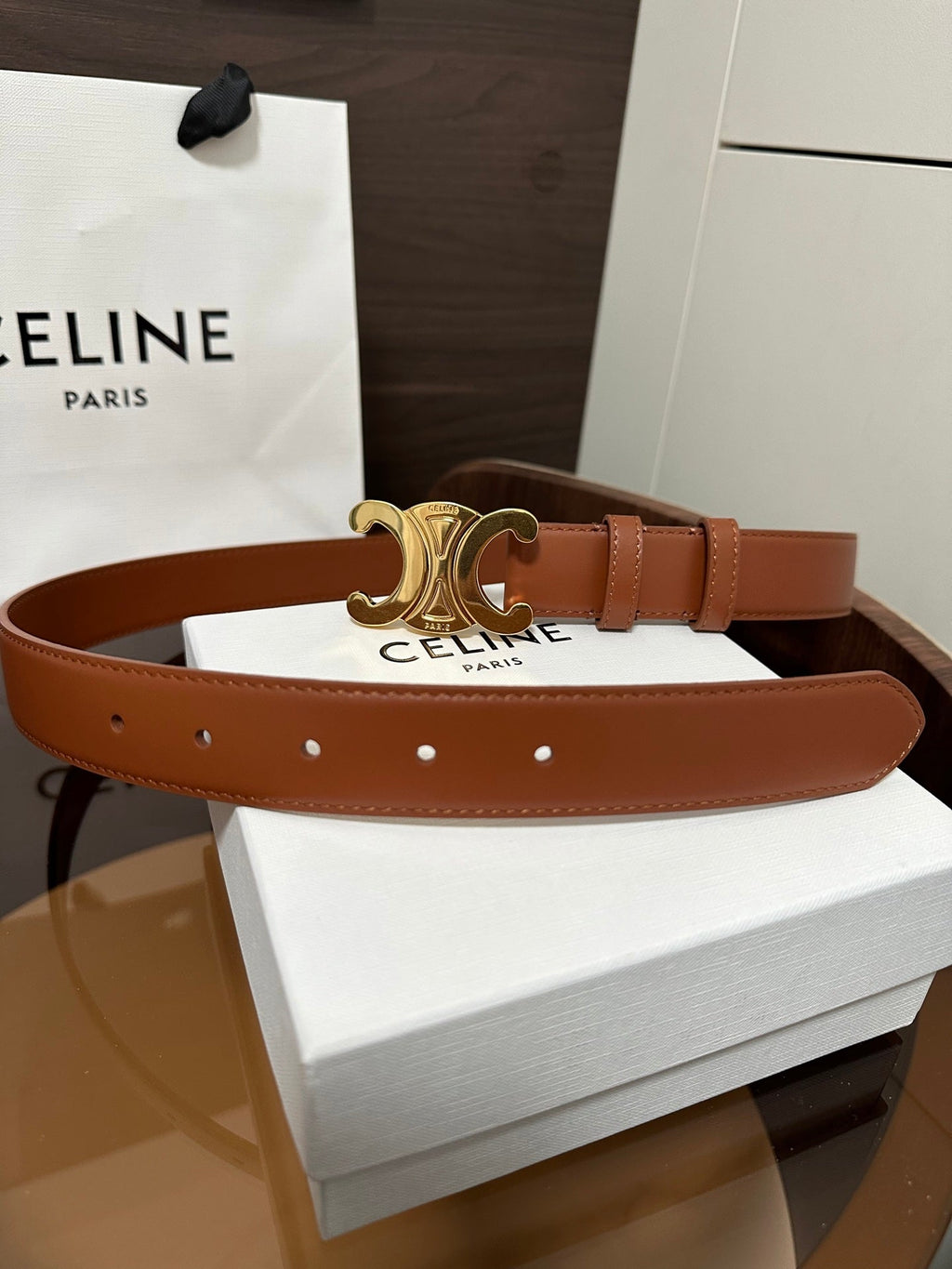 CELINE TRIOMPHE BELT 30MM IN BROWN CALFSKIN WITH GOLD BUCKLE