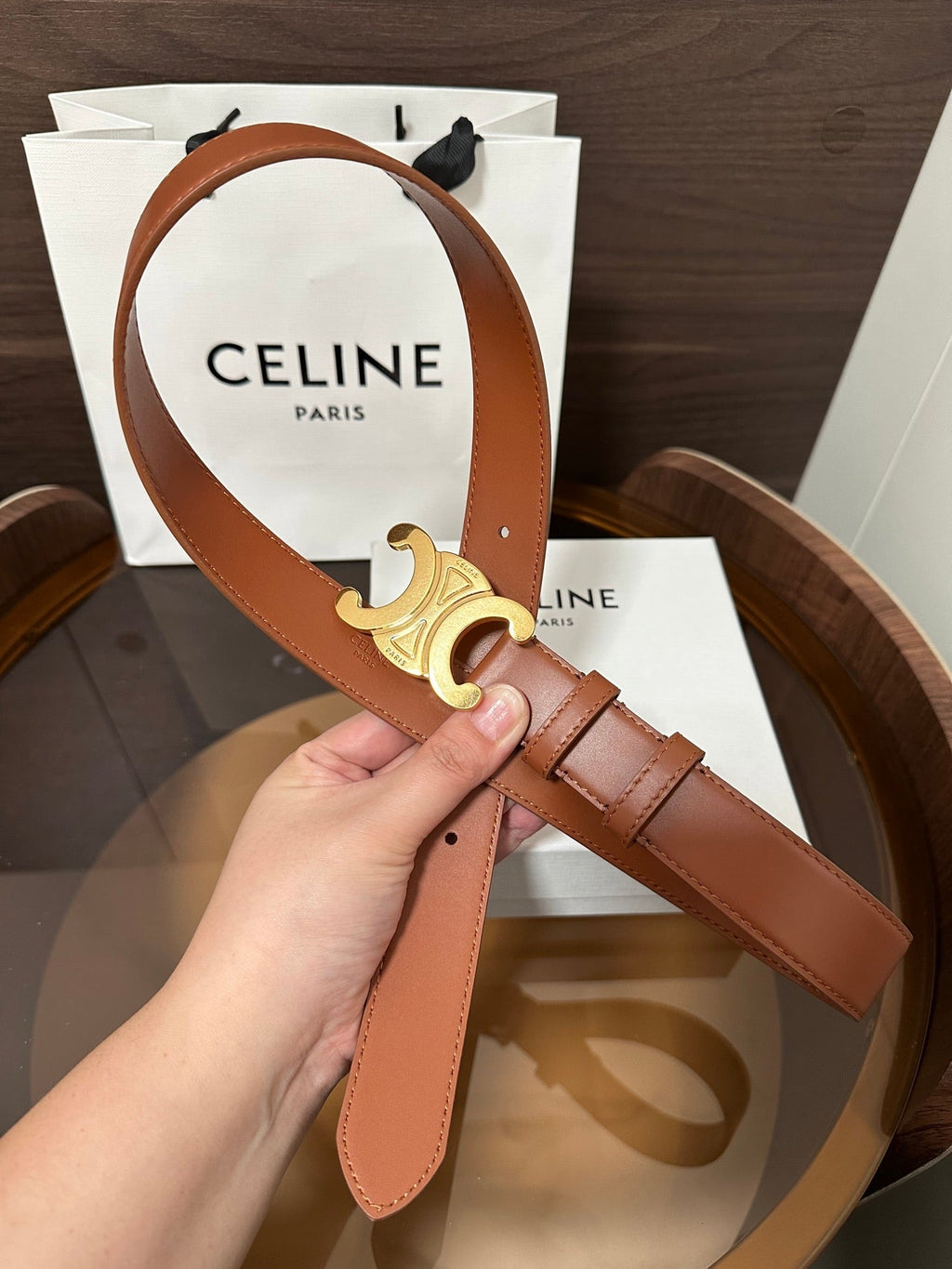 CELINE TRIOMPHE BELT 30MM IN BROWN CALFSKIN WITH GOLD BUCKLE