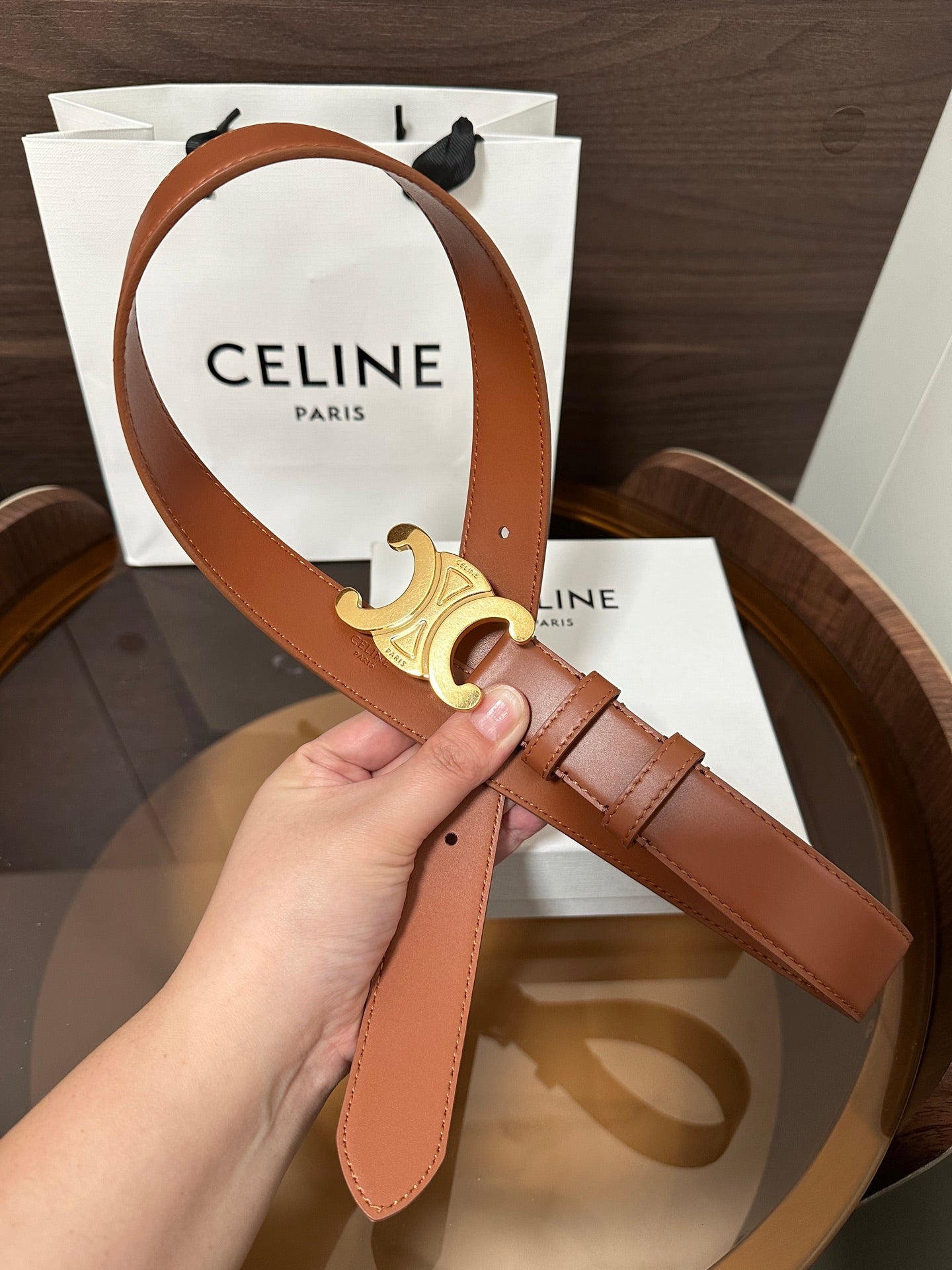 CELINE TRIOMPHE BELT 30MM IN BROWN CALFSKIN WITH GOLD BUCKLE