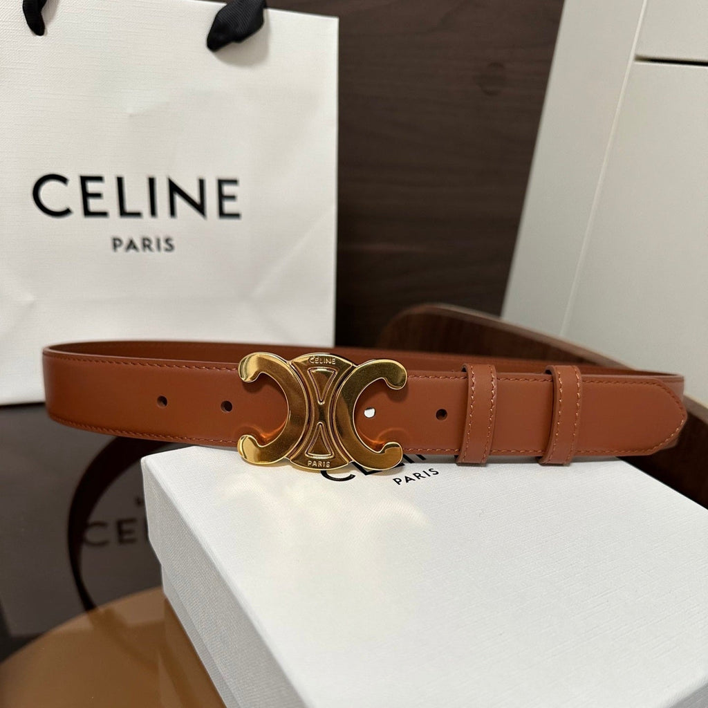 CELINE TRIOMPHE BELT 30MM IN BROWN CALFSKIN WITH GOLD BUCKLE