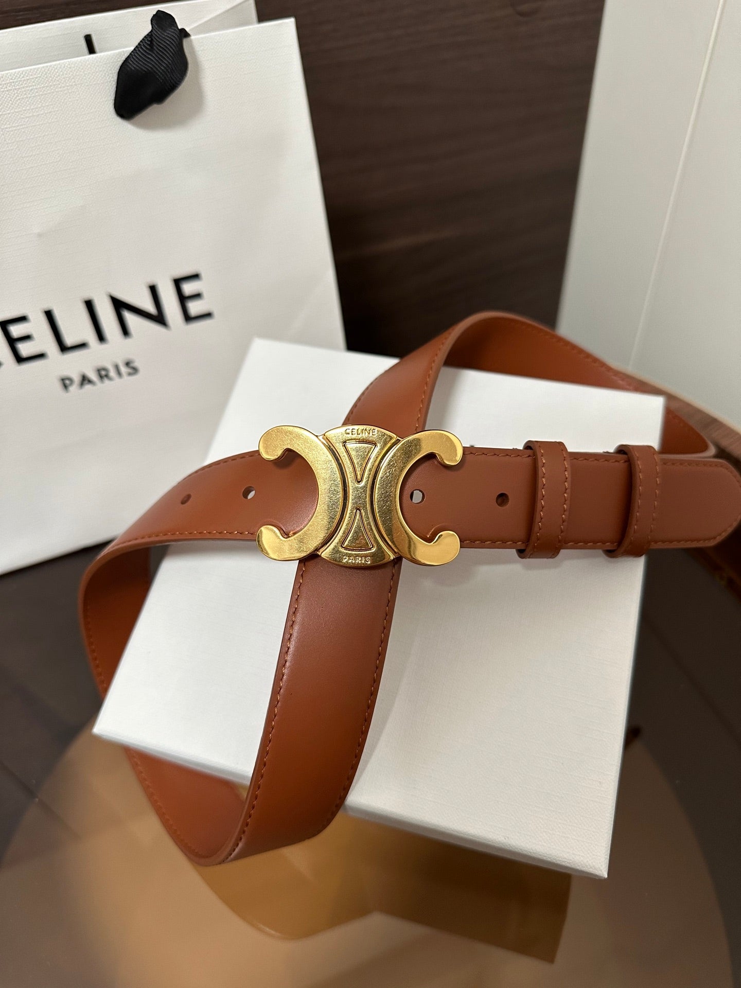 CELINE TRIOMPHE BELT 30MM IN BROWN CALFSKIN WITH GOLD BUCKLE