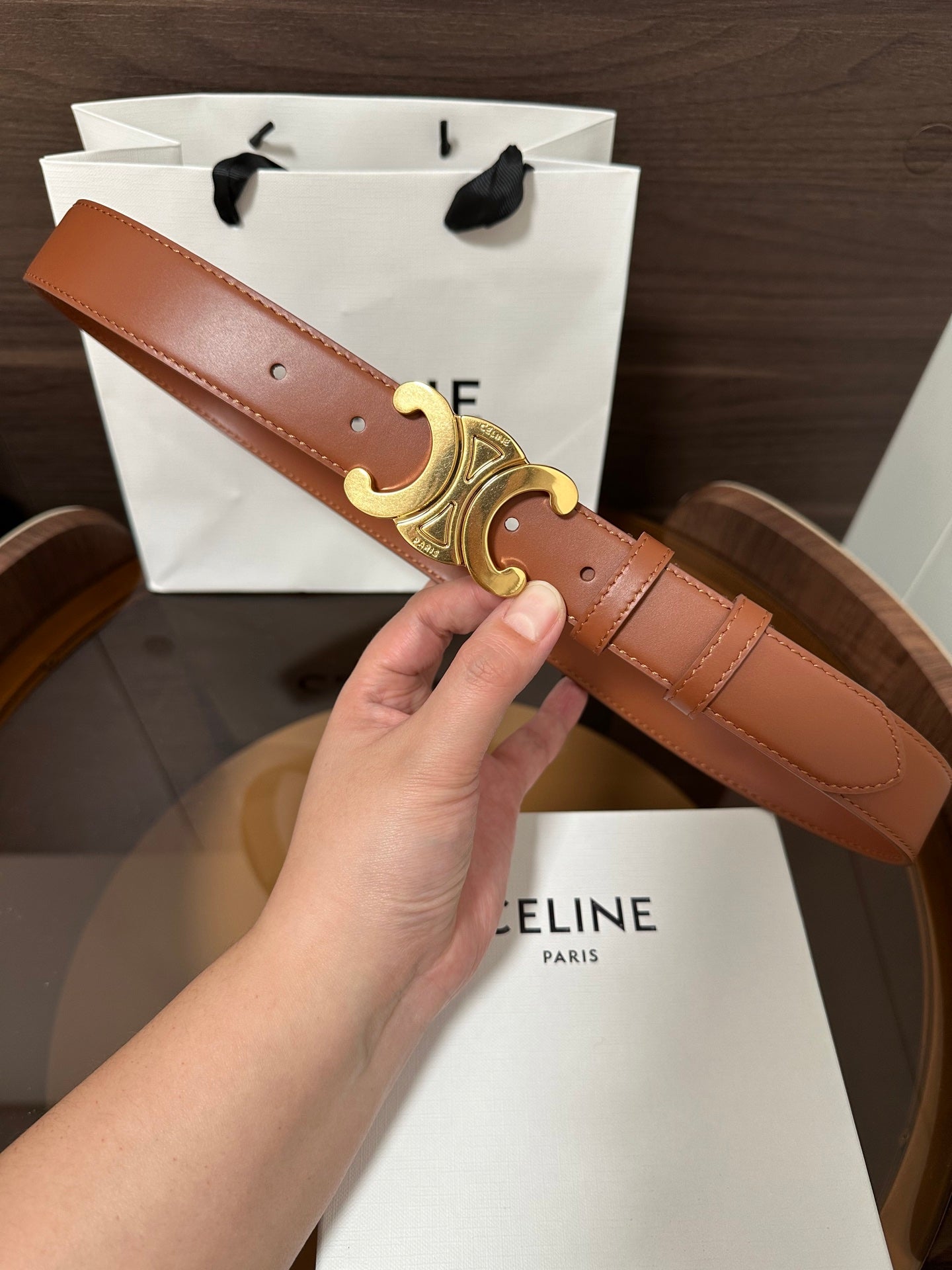 CELINE TRIOMPHE BELT 30MM IN BROWN CALFSKIN WITH GOLD BUCKLE