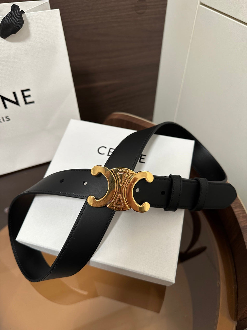 CELINE TRIOMPHE BELT 30MM IN BLACK CALFSKIN WITH GOLD BUCKLE