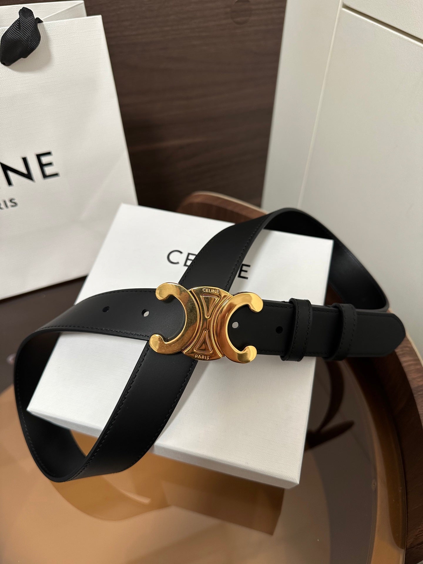 CELINE TRIOMPHE BELT 30MM IN BLACK CALFSKIN WITH GOLD BUCKLE