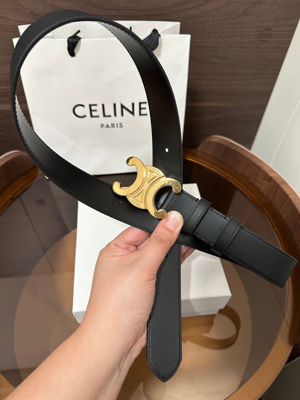 CELINE TRIOMPHE BELT 30MM IN BLACK CALFSKIN WITH GOLD BUCKLE