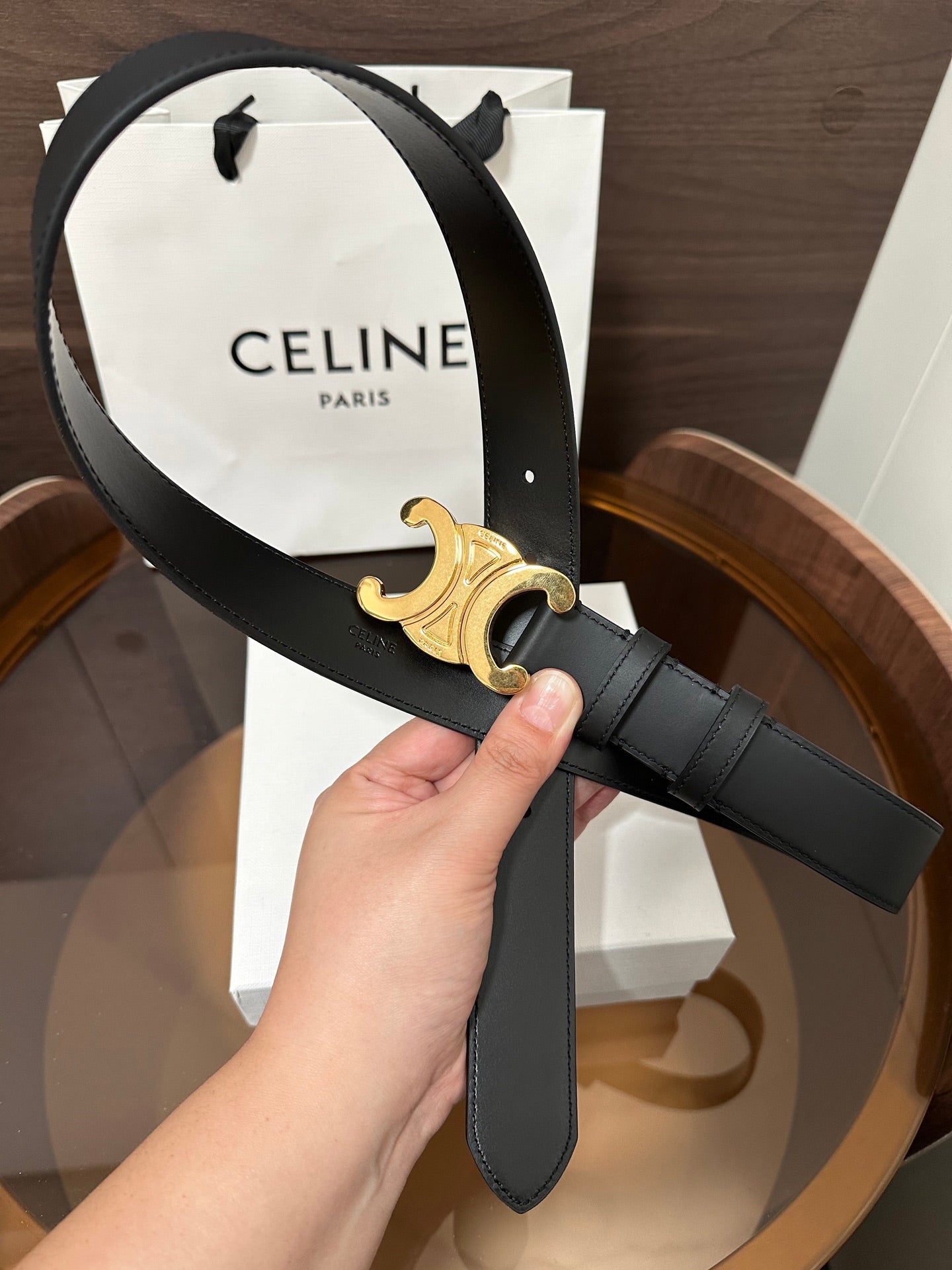 CELINE TRIOMPHE BELT 30MM IN BLACK CALFSKIN WITH GOLD BUCKLE
