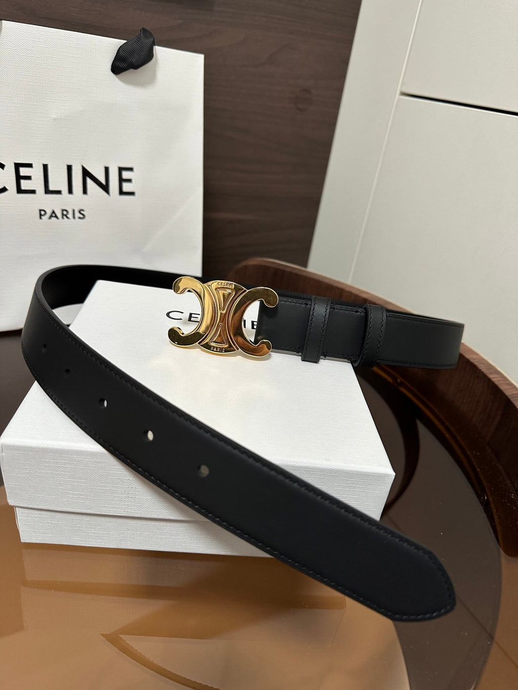 CELINE TRIOMPHE BELT 30MM IN BLACK CALFSKIN WITH GOLD BUCKLE