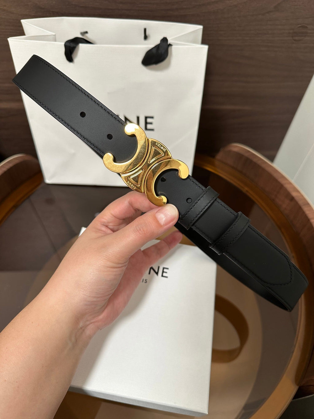 CELINE TRIOMPHE BELT 30MM IN BLACK CALFSKIN WITH GOLD BUCKLE