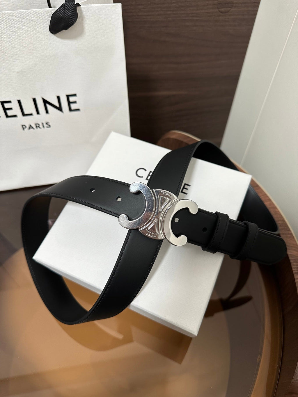 CELINE TRIOMPHE BELT 30MM IN BLACK CALFSKIN WITH SILVER BUCKLE