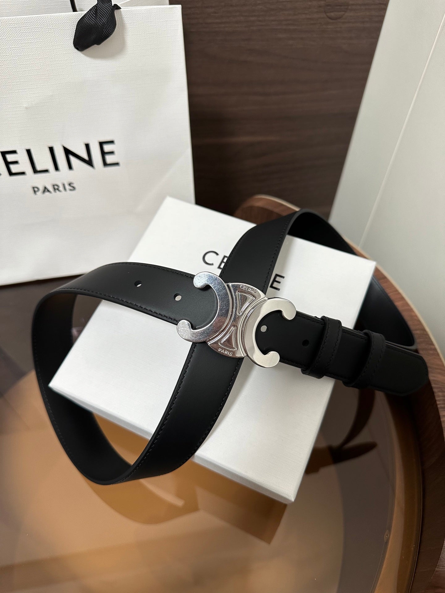 CELINE TRIOMPHE BELT 30MM IN BLACK CALFSKIN WITH SILVER BUCKLE