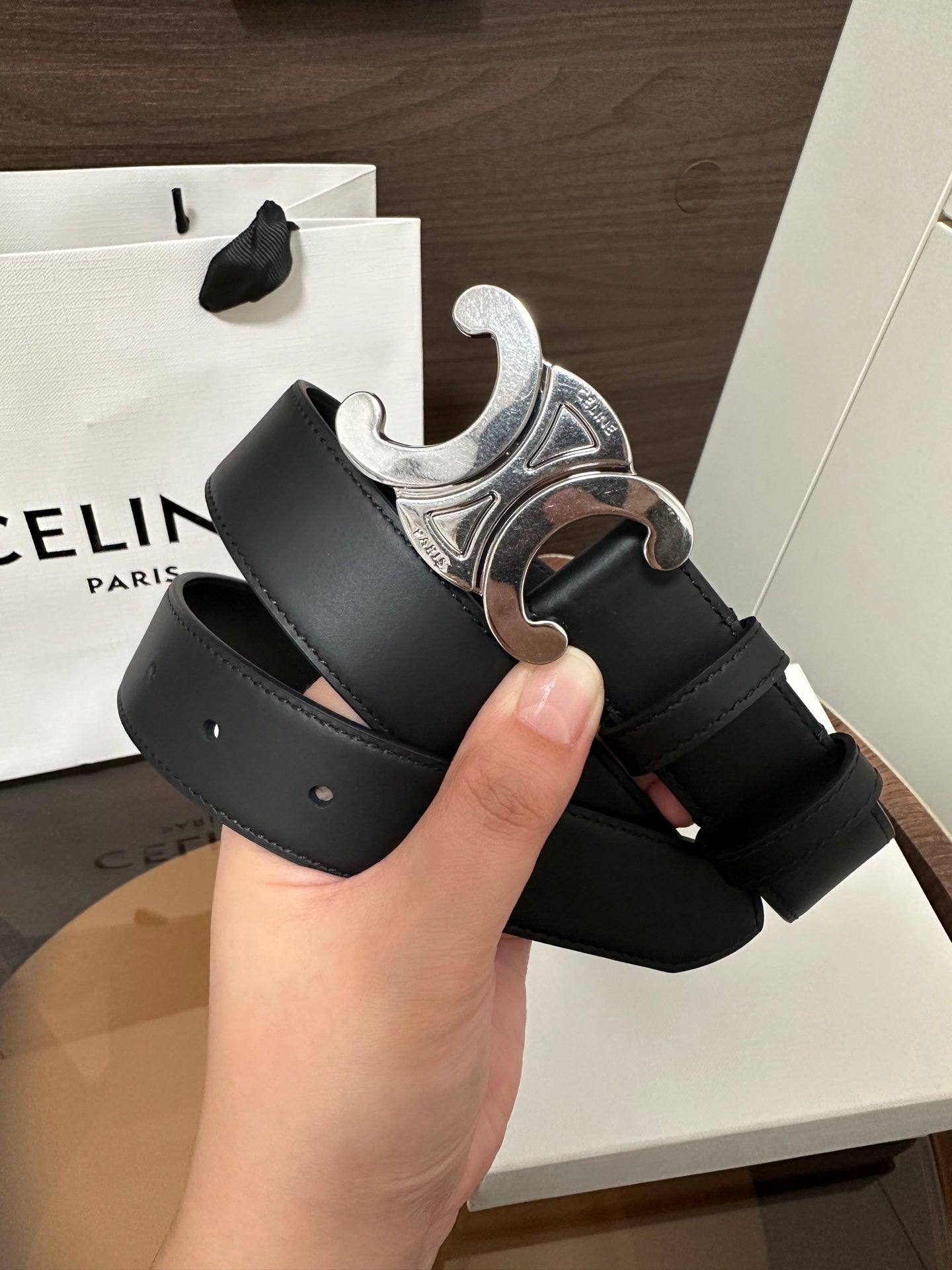 CELINE TRIOMPHE BELT 30MM IN BLACK CALFSKIN WITH SILVER BUCKLE