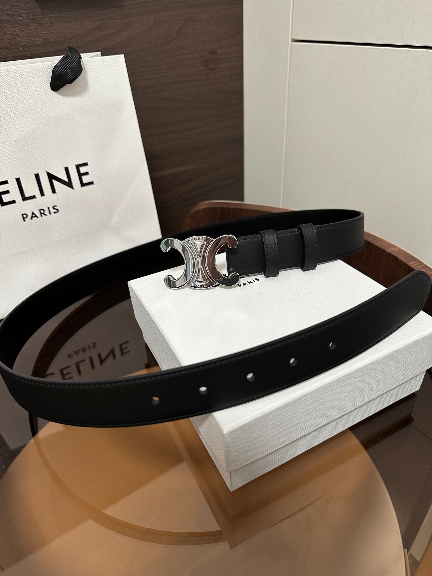 CELINE TRIOMPHE BELT 30MM IN BLACK CALFSKIN WITH SILVER BUCKLE