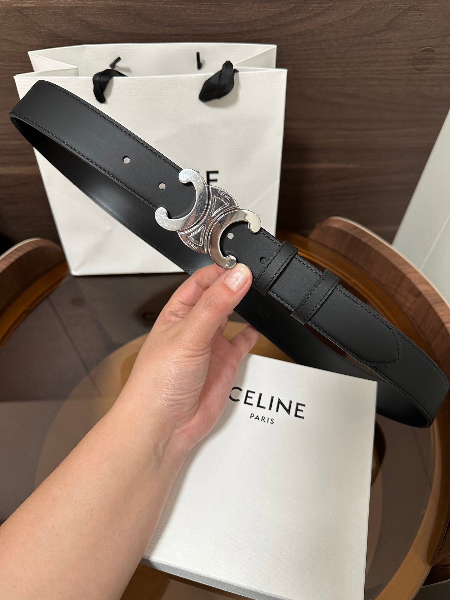 CELINE TRIOMPHE BELT 30MM IN BLACK CALFSKIN WITH SILVER BUCKLE