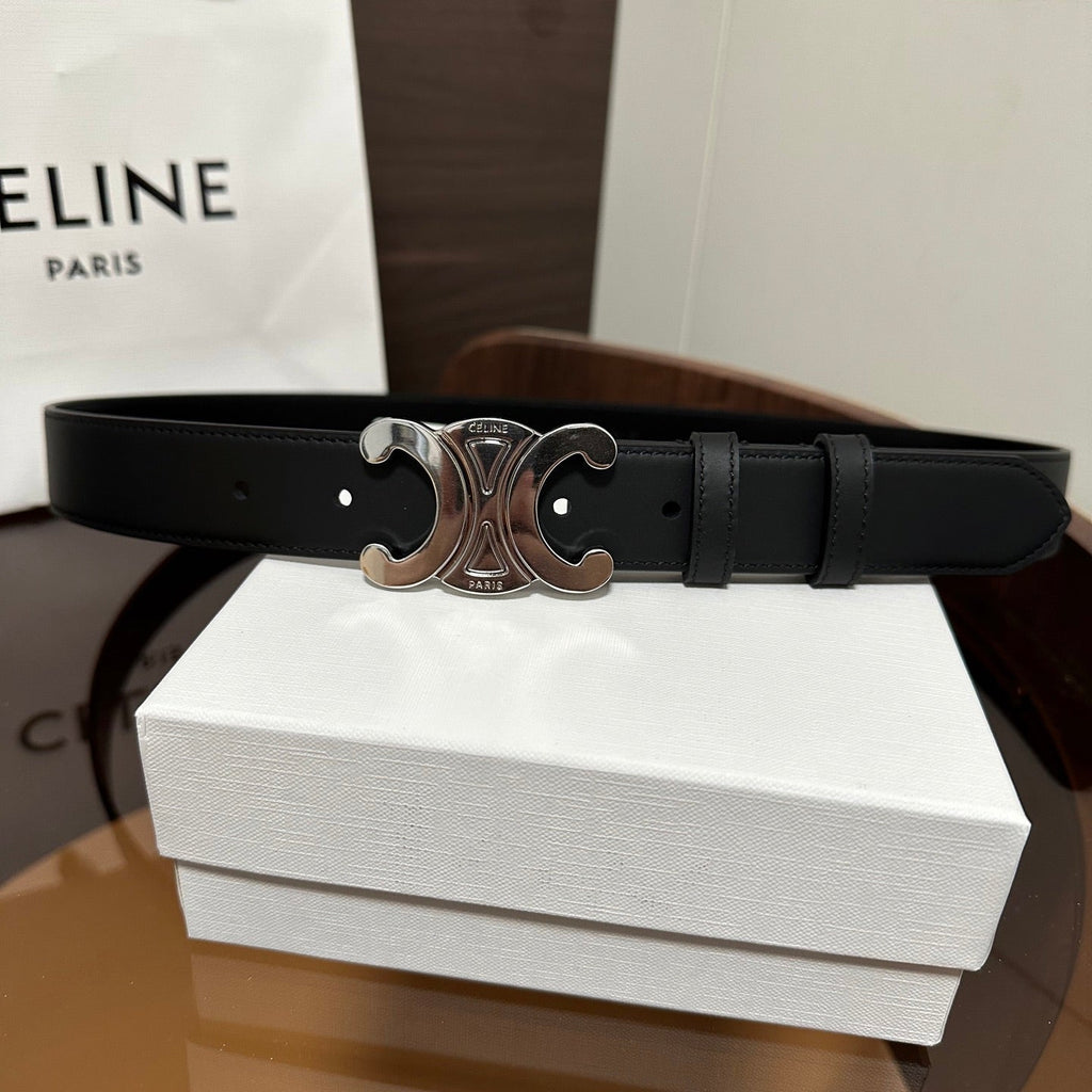 CELINE TRIOMPHE BELT 30MM IN BLACK CALFSKIN WITH SILVER BUCKLE