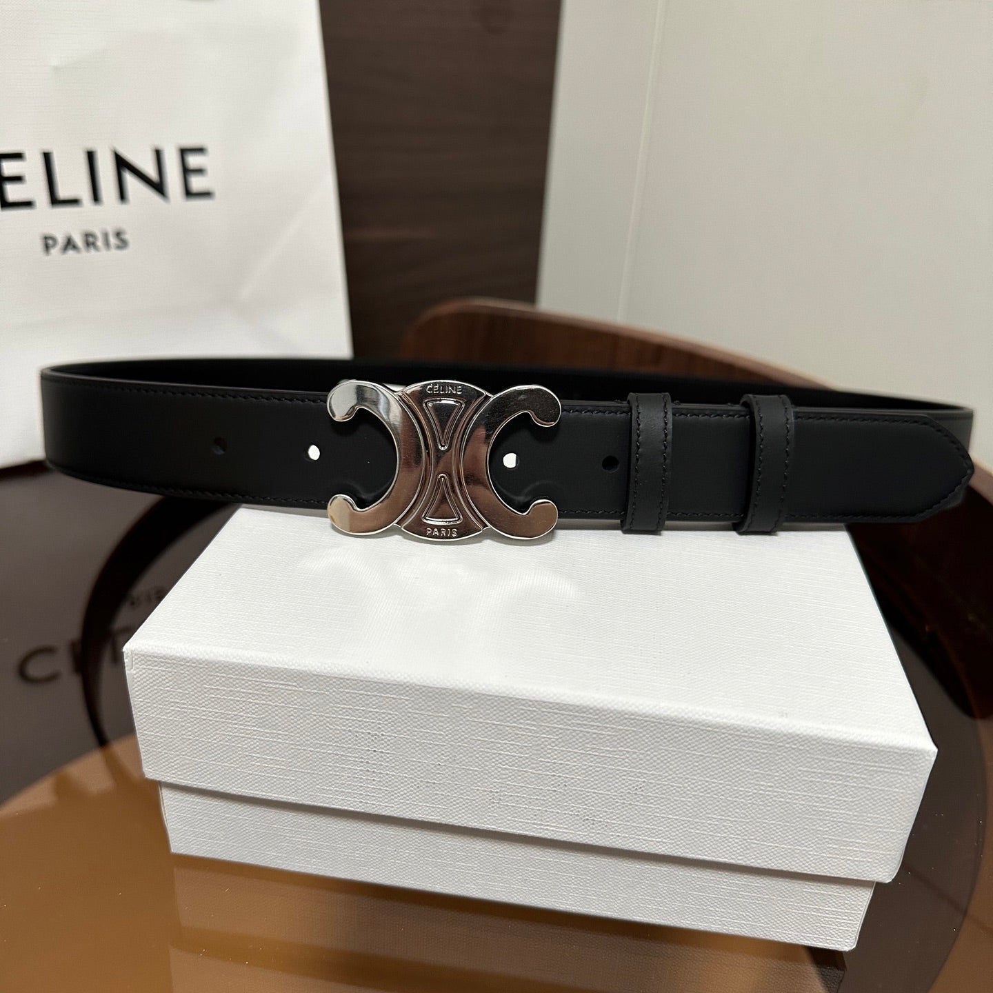 CELINE TRIOMPHE BELT 30MM IN BLACK CALFSKIN WITH SILVER BUCKLE