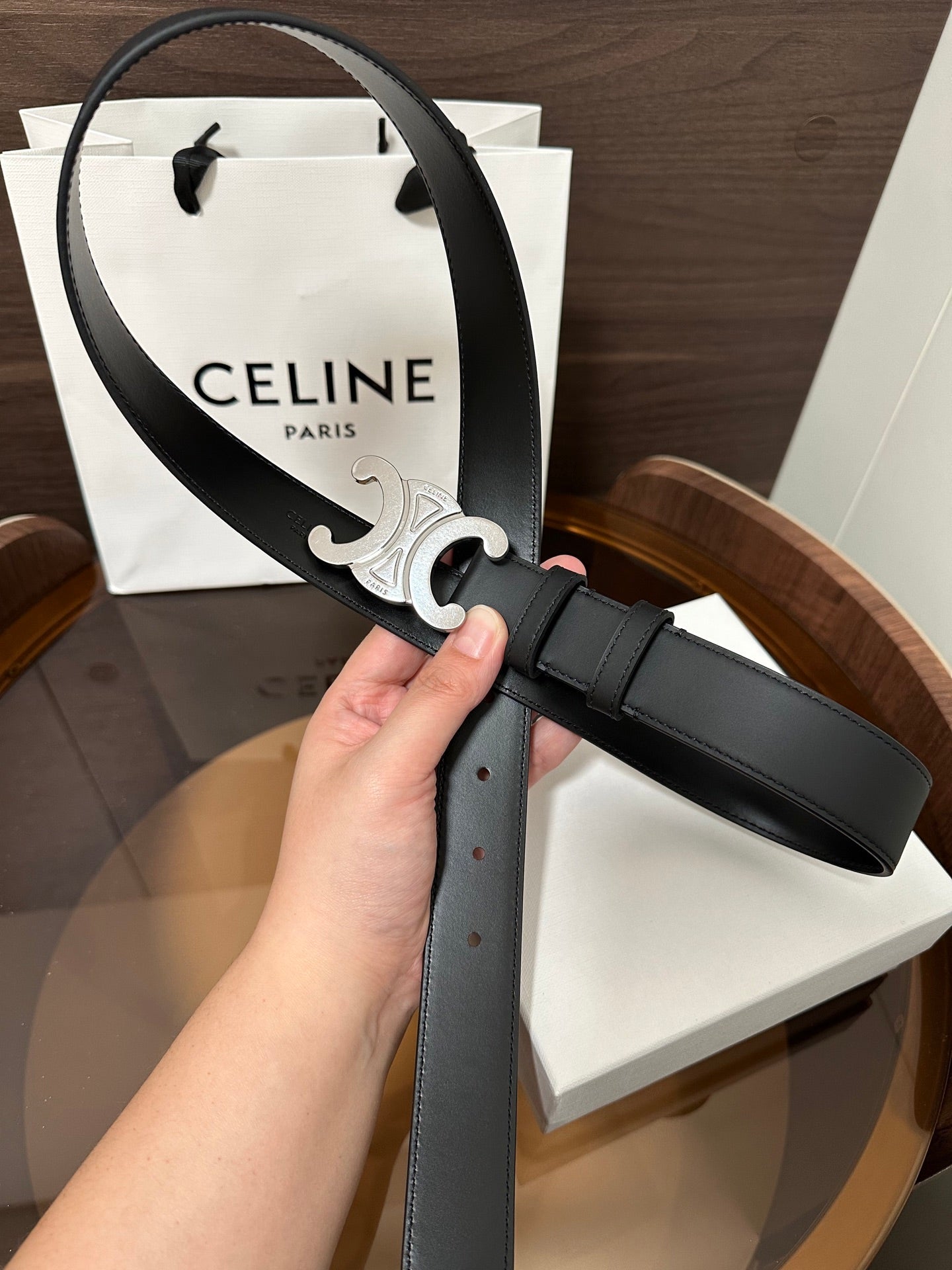 CELINE TRIOMPHE BELT 30MM IN BLACK CALFSKIN WITH SILVER BUCKLE