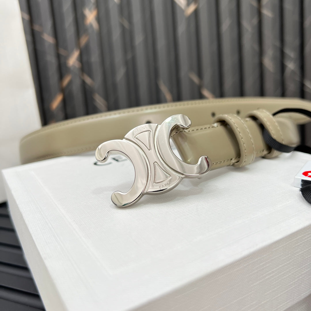 CELINE CL TRIOMPHE 25 MM BELT IN OLIVE GREEN CALFSKIN SILVER HARDWARE