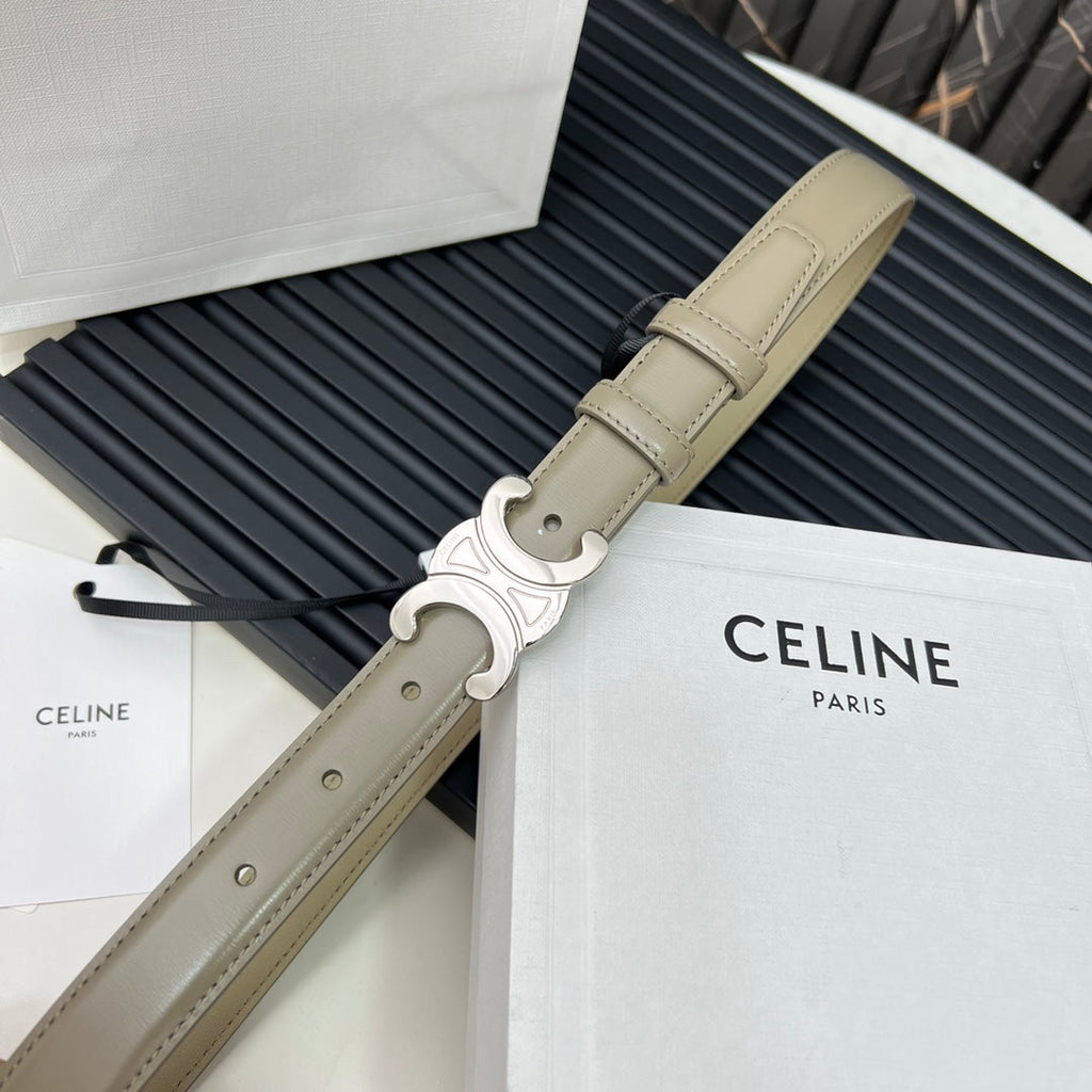 CELINE CL TRIOMPHE 25 MM BELT IN OLIVE GREEN CALFSKIN SILVER HARDWARE