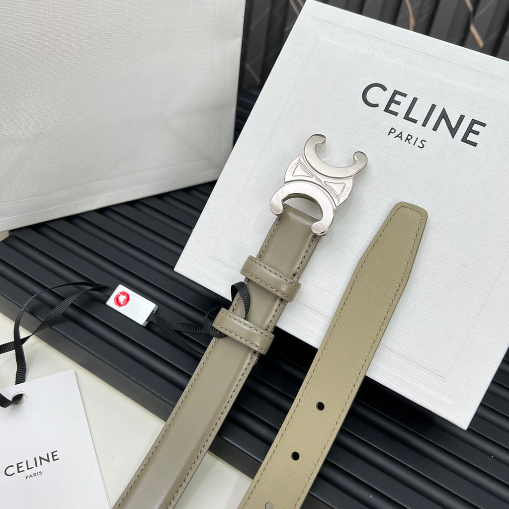 CELINE CL TRIOMPHE 25 MM BELT IN OLIVE GREEN CALFSKIN SILVER HARDWARE