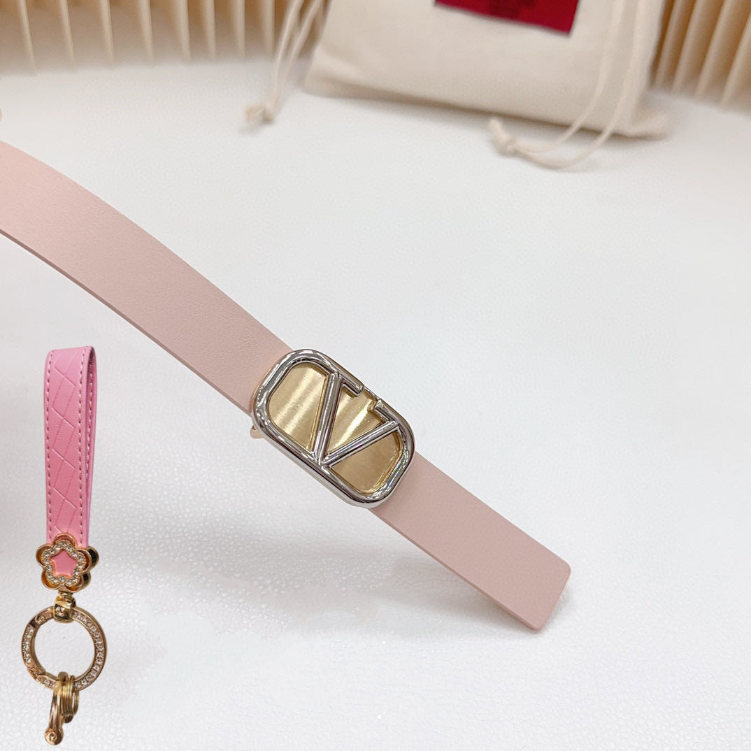 VALENTINO Silver Vlogo and Gold Hardware Buckle Pink Calfskin 20mm