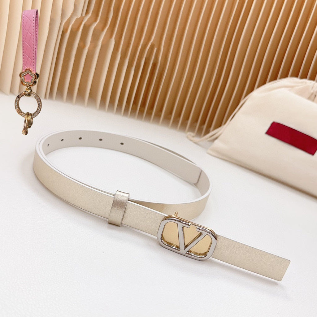 VALENTINO Gold Vlogo and Silver Hardware Buckle Gold White Calfskin 20mm