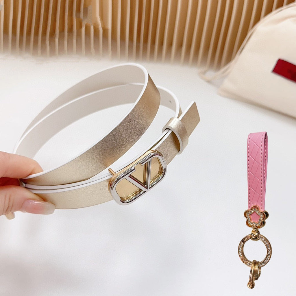 VALENTINO Gold Vlogo and Silver Hardware Buckle Gold White Calfskin 20mm