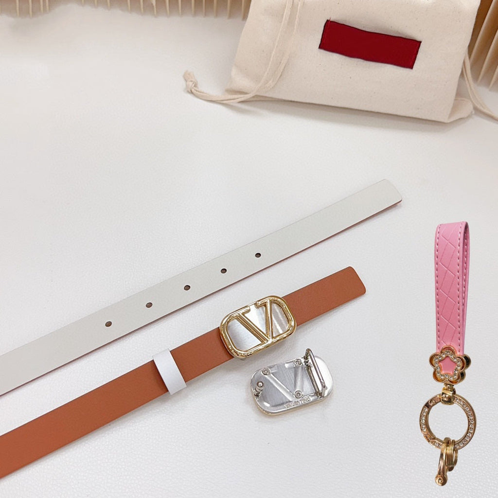 VALENTINO Gold Vlogo and Silver Hardware Buckle Tan White Calfskin 20mm